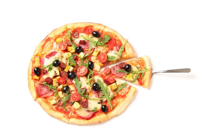 Pizza shovel and tasty pizza isolated on plain background