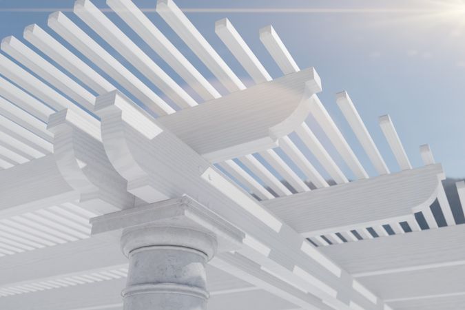 Detail Abstract of A Beautiful Marble and Wood Pergola Patio Cover.