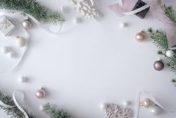 Winter branches and decorations on pastel grey background