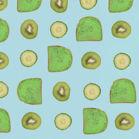 Food pattern with toasted bread and kiwi, cucumber slices