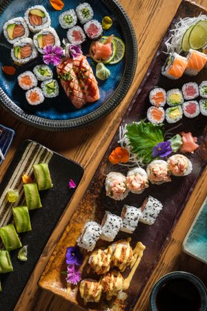 Served sushi rolls on table