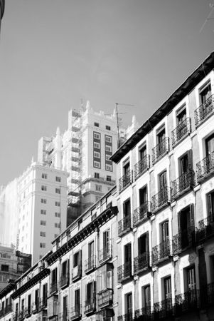 B&W shot of top of buildings in Madrid