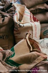 Close up of bags of coffee beans in warehouse 4Od1Eb