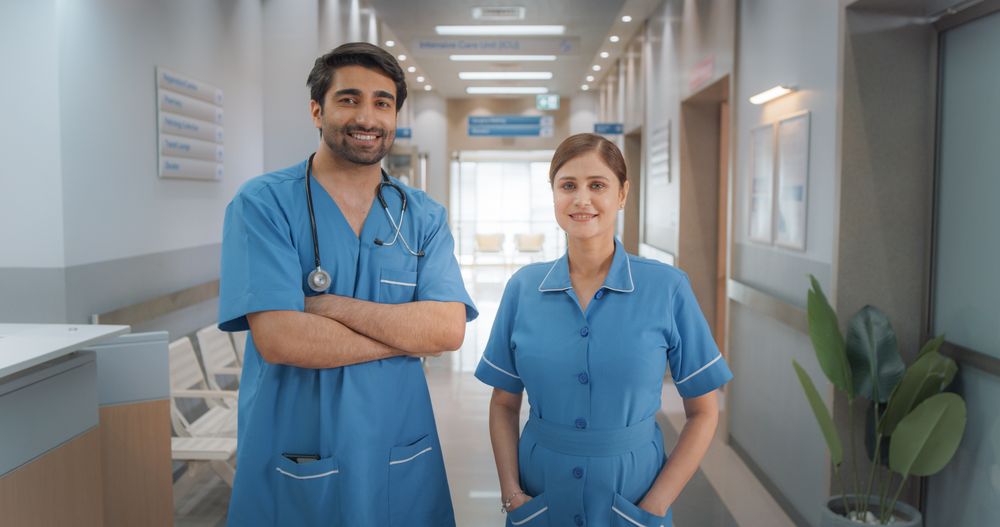 Two Friendly Indian Doctors: Team Portrait of a Female and Male Successful Medical Healthcare Professionals Standing in a Modern Hospital