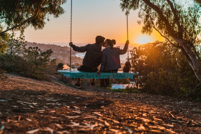 Back view of man and woman kissing and sitting on blue swing in nature