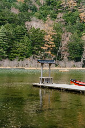 Myojin Pond with Hotaka Shrine in Kamikochi in Autumn, Japanese Alps, Chubu Sangaku National Park
