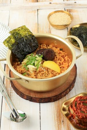 RamyeonKorean Style Instant Noodle, with Kimchi, Musromm, and Nori