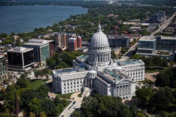 Aerial view of the Wisconsin Capitol and surrounding neighborhoods in Madison, Wisconsin