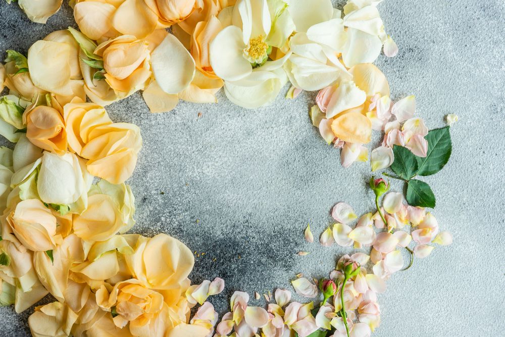 Beautiful floral card concept with fresh rose petals on grey counter