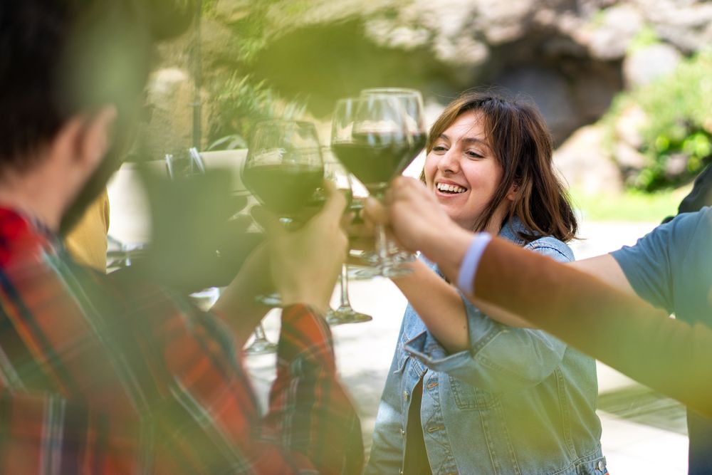 A candid moment captured as friends toast with glasses of red wine, sharing happiness in an outdoor setting