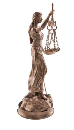 Bronze Lady of Justice Statue Isolated on a Plain Background.