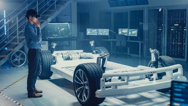 Automotive Engineer Working on Electric Car Chassis Platform, Using Augmented Reality Headset.