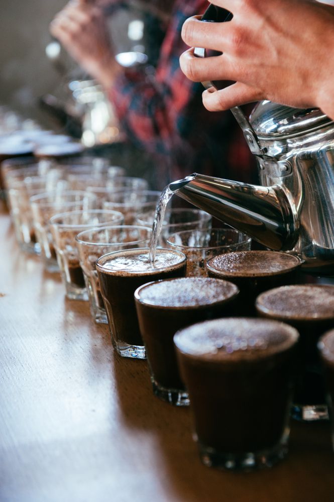 Hot water being poured into glasses preparing for coffee tasting