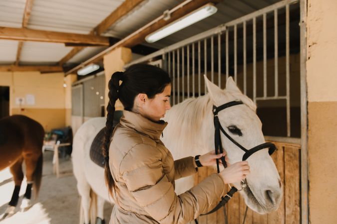 Woman putting bridle on horse