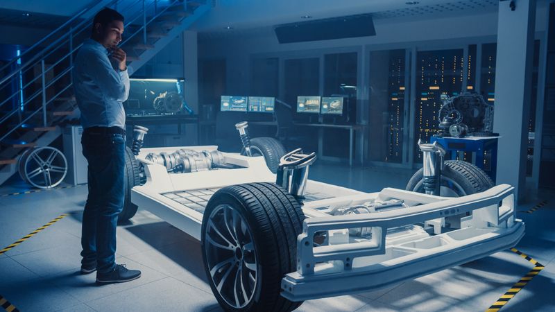 Automobile Design Engineer in Automotive Innovation Facility and Working on Electric Car Platform Chassis Prototype that Includes Wheels, Suspension, Hybrid Engine and Battery.