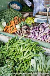 Fresh vegetables for sale displayed at Sri Lankan market 43X6Rb
