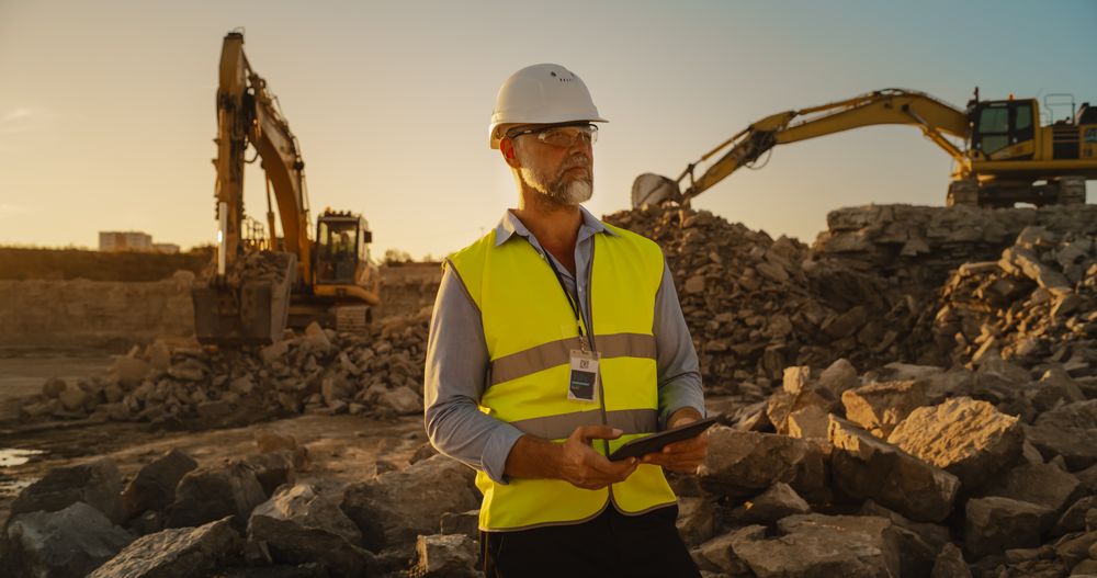 Male Civil Engineer Wearing Protective Goggles And Using Tablet On Construction Site On A Sunny Day. Man Inspecting Building Progress. Excavator Loading Materials Into Industrial Truck.