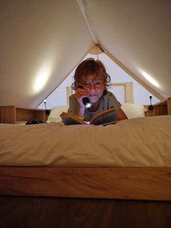 Positive boy with book and flashlight