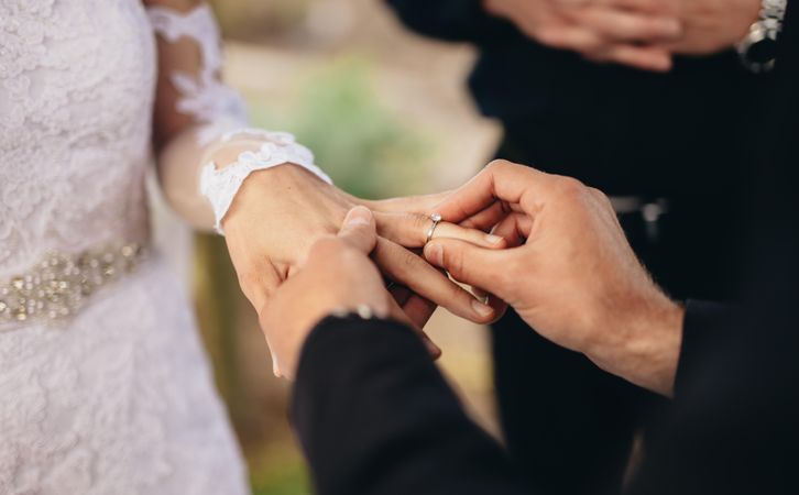 Closeup of groom placing a wedding ring on the brides hand