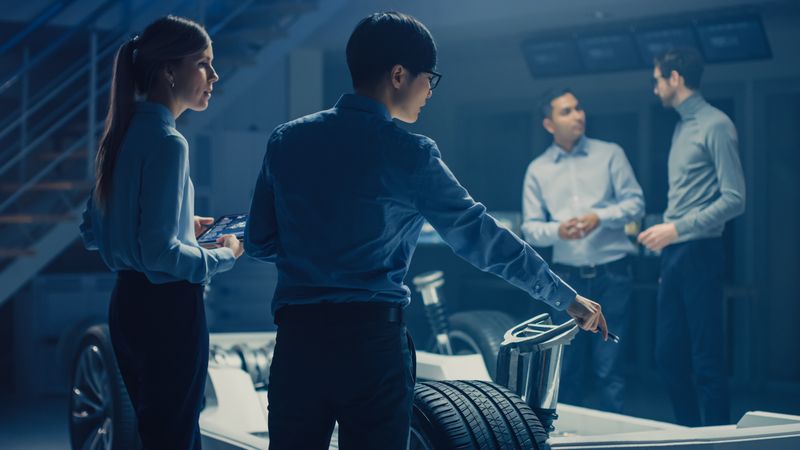 Automobile Engineers Discussing and Designing Electric Car Chassis Platform, Using Tablet Computers with 3D CAD Software.