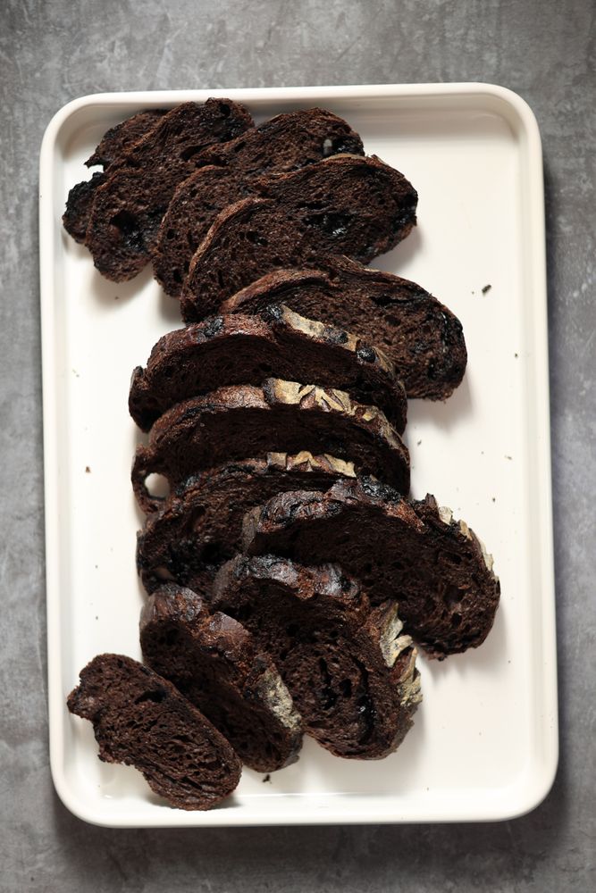 Top View Sliced Sourdough Brownie on Enamel Tray.