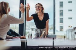 Businesswoman giving high five to colleague in meeting bGnPA4