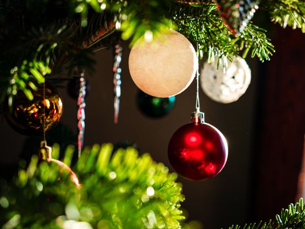 Christmas tree balls. Beautiful bokeh. Festive mood.