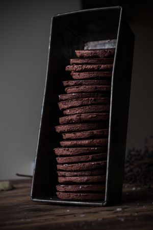 Stack of chocolate cookies in container