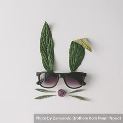 Bunny rabbit face made of natural green leaves with sunglasses on bright background 0KVV7b