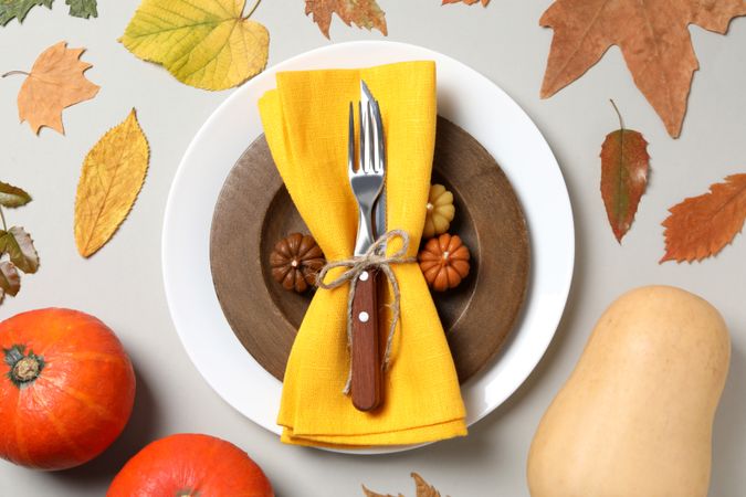 Concept of Thanksgiving day, Autumn table setting, top view