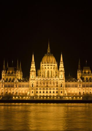 Dark night in Budapest with Parliament Building lit up, vertical