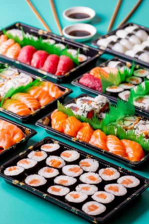 Tasty sushi served in a table