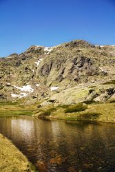Clear lake at bottom of rocky mountain
