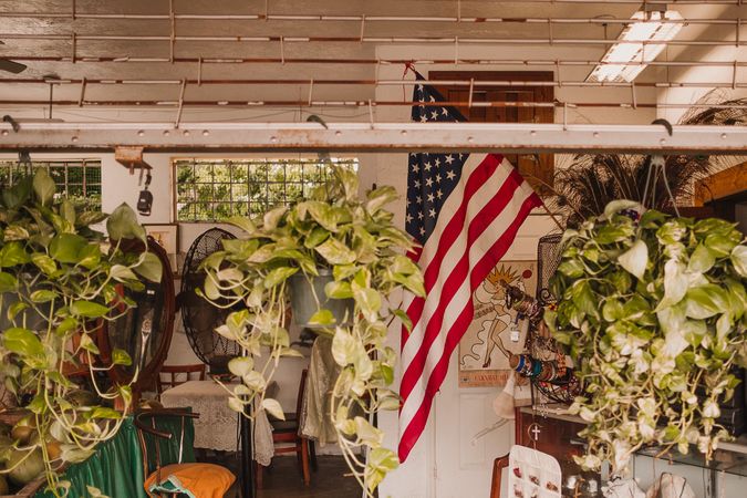 MIAMI, USA - November 13, 2018: USA flag and plants in retro cafe