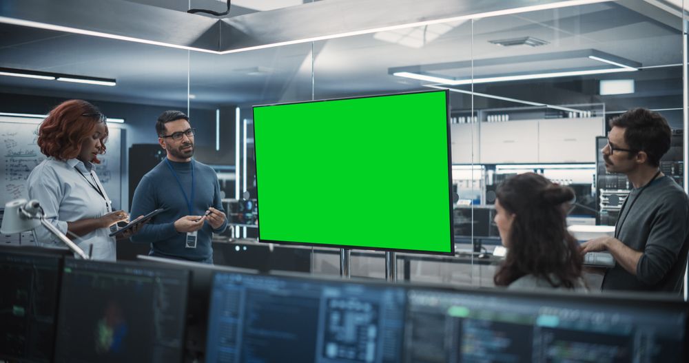 Group of Multiethnic Software Developers Having a Meeting in a Conference Room with Green Screen Mock Up Display.