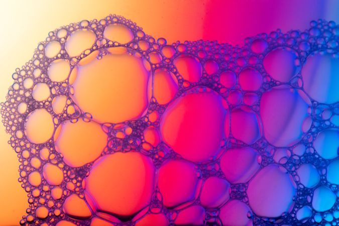 Abstract background bio technology, macro photography foam and water with gradient background. Molecule multicolor backgorund