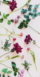 Various scattered summer flowers flat-lay, vertical composition