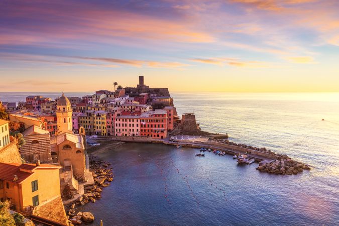 Vernazza village, aerial view at sunset, Cinque Terre, Ligury, Italy