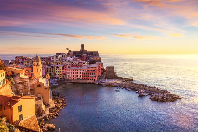 Vernazza village, aerial view at sunset, Cinque Terre, Ligury, Italy