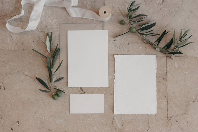 Blank cotton paper cards on marble with dark green fig leaves & ribbon