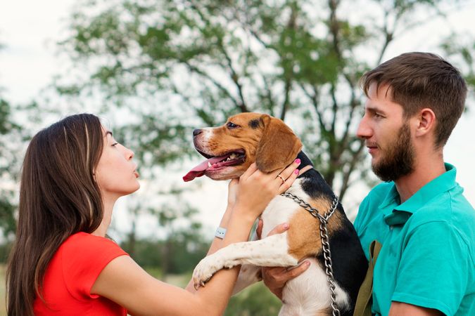Loving owners walk dog outdoors