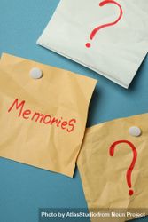 Vertical composition of pinned post it notes with the word “memories” on blue board 48YWJb