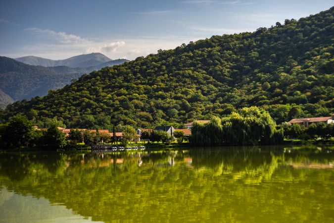 Beautiful Lopota lake with reflection of mountains