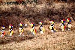Men in multi-colored wig playing drums walking in yellow grass field 0J2a80