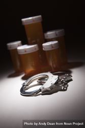 Handcuffs, Medicine Bottle and Pills Under Spot Light bE9nz7