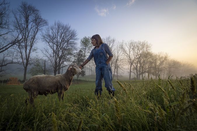 Dominique Herman petting a sheep on her farm in the morning