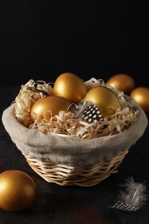 Pension rewards, returns and investment funding concepts, golden eggs