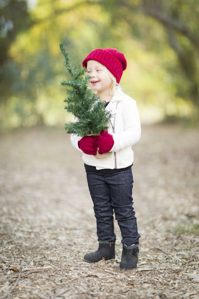 Baby Girl In Red Mittens and Cap Holding Small Christmas Tree