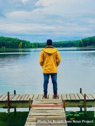 Backview of a man standing on wooden dock in Baldwin, Michigan, United States bE88n4
