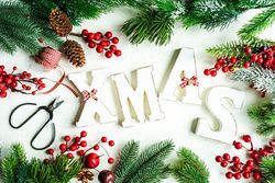 "XMAS" surrounded by green wintry branch with red decorations, scissors and ribbon